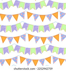 Festive bunting flags ornament. Flag garland cartoon vector seamless pattern. Bright modern design for celebration party, holidays, festival.