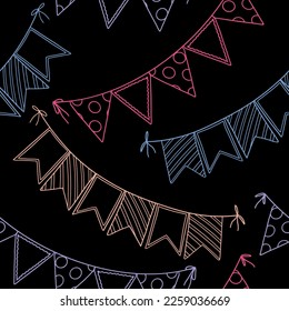 Festive bunting flags ornament. Flag garland outline vector seamless pattern. Modern design for celebration party, holidays, festival..