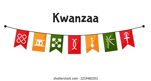 Festive bunting flags with seven principles of Kwanzaa symbols. A decorative element for the African American holiday Kwanzaa. Flat vector illustration isolated on white background