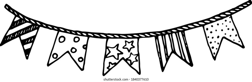 Festive bunting and garland.Hand drawn illustration.Holiday element in doodle style.