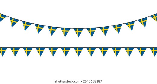 Festivo bunting com bandeiras suecas em azul e amarelo, perfeito para feriados nacionais, eventos esportivos, ou celebrações com tema escandinavo.