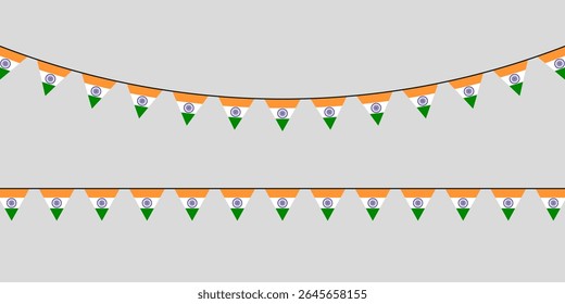Festive bunting with triangular flags featuring the Indian national colors and Ashoka Chakra, ideal for Independence Day or cultural celebrations.