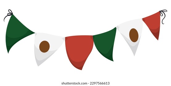 Festive buntings on rope with the colors of the Mexican flag. Isolated design in cartoon style.