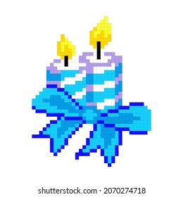 Festive burning candle tied with a bow. Pixel