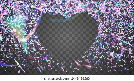 Estallido festivo. Efecto Feliz Azul. Caída del Anuncio. Fondo De Explosión. Cinta de carnaval. Arcoiris Tinsel. Elemento de brillo. Ilustración holográfica láser. Estallido festivo púrpura