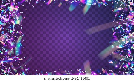 Festive Burst. Transparent Effect. Light Abstract Cristals. Hologram Tinsel. Falling Poster. Cristal Dust. Pink Laser Confetti. Glare Pattern. Purple Festive Burst