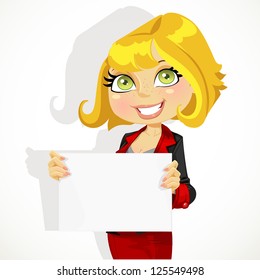 Festive business lady hold blank banner for your message