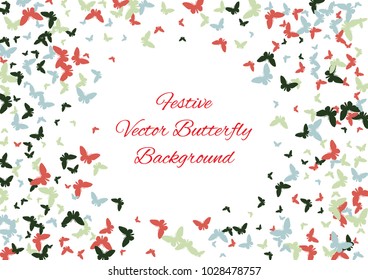 Festive butterfly confetti background. Frame vector pattern texture for holiday, postcard, poster, carnival, banner, birthday and children's parties. Butterfly cover mock-up. Wedding butterfly layout