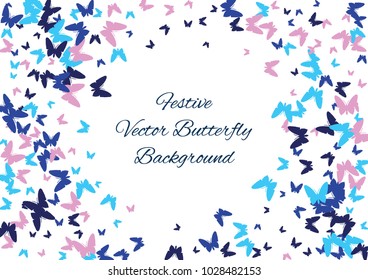 Festive butterfly confetti background. Frame vector pattern texture for holiday, postcard, poster, carnival, banner, birthday and children's parties. Butterfly cover mock-up. Wedding butterfly layout
