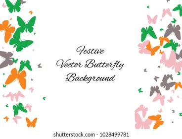 Festive butterfly confetti background. Frame vector pattern texture for holiday, postcard, poster, carnival, banner, birthday and children's parties. Butterfly cover mock-up. Wedding butterfly layout
