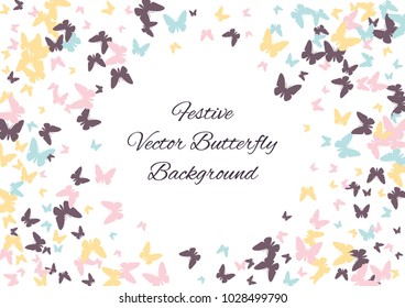 Festive butterfly confetti background. Frame vector pattern texture for holiday, postcard, poster, carnival, banner, birthday and children's parties. Butterfly cover mock-up. Wedding butterfly layout
