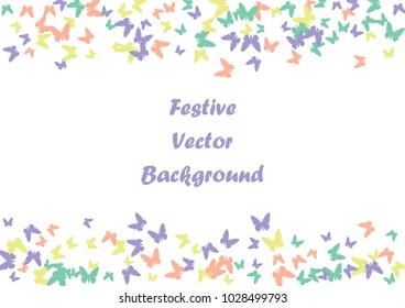 Festive butterfly confetti background. Frame vector pattern texture for holiday, postcard, poster, carnival, banner, birthday and children's parties. Butterfly cover mock-up. Wedding butterfly layout