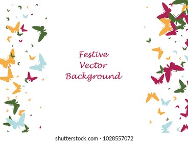 Festive butterfly confetti background. Frame vector pattern texture for holiday, postcard, poster, carnival, banner, birthday and children's parties. Butterfly cover mock-up. Wedding butterfly layout