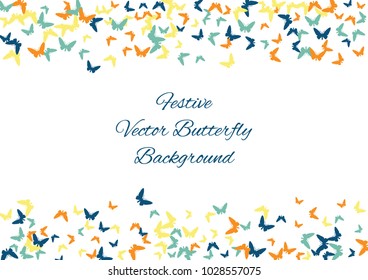 Festive butterfly confetti background. Frame vector pattern texture for holiday, postcard, poster, carnival, banner, birthday and children's parties. Butterfly cover mock-up. Wedding butterfly layout