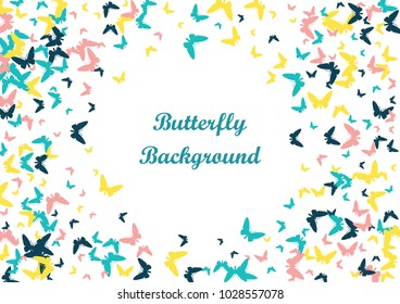 Festive butterfly confetti background. Frame vector pattern texture for holiday, postcard, poster, carnival, banner, birthday and children's parties. Butterfly cover mock-up. Wedding butterfly layout