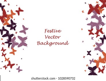 Festive butterfly confetti background. Frame vector pattern texture for holiday, postcard, poster, carnival, banner, birthday and children's parties. Butterfly cover mock-up. Wedding butterfly layout