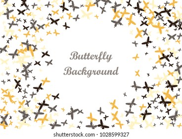 Festive butterfly confetti background. Frame vector pattern texture for holiday, postcard, poster, carnival, banner, birthday and children's parties. Butterfly cover mock-up. Wedding butterfly layout
