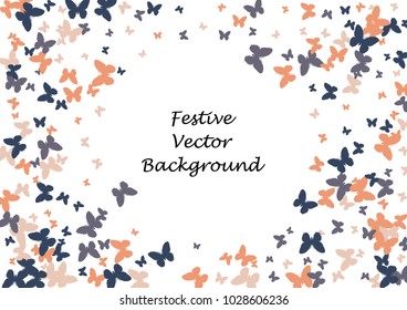 Festive butterfly confetti background. Frame vector pattern texture for holiday, postcard, poster, carnival, banner, birthday and children's parties. Butterfly cover mock-up. Wedding butterfly layout