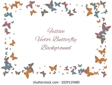 Festive butterfly confetti background. Frame vector pattern texture for holiday, postcard, poster, carnival, banner, birthday and children's parties. Butterfly cover mock-up. Wedding butterfly layout