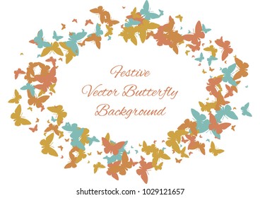 Festive butterfly confetti background. Frame vector pattern texture for holiday, postcard, poster, carnival, banner, birthday and children's parties. Butterfly cover mock-up. Wedding butterfly layout