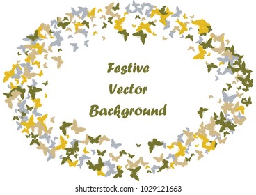 Festive butterfly confetti background. Frame vector pattern texture for holiday, postcard, poster, carnival, banner, birthday and children's parties. Butterfly cover mock-up. Wedding butterfly layout