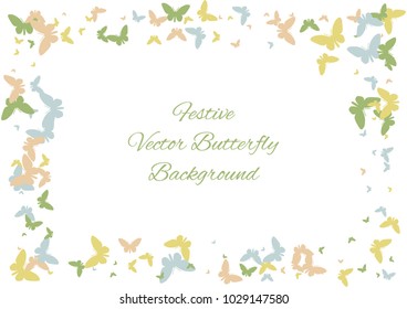 Festive butterfly confetti background. Frame vector pattern texture for holiday, postcard, poster, carnival, banner, birthday and children's parties. Butterfly cover mock-up. Wedding butterfly layout