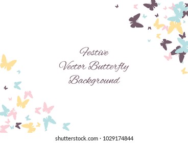 Festive butterfly confetti background. Frame vector pattern texture for holiday, postcard, poster, carnival, banner, birthday and children's parties. Butterfly cover mock-up. Wedding butterfly layout