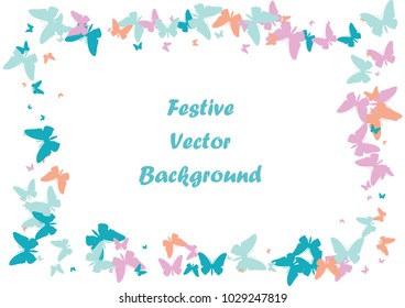 Festive butterfly confetti background. Frame vector pattern texture for holiday, postcard, poster, carnival, banner, birthday and children's parties. Butterfly cover mock-up. Wedding butterfly layout