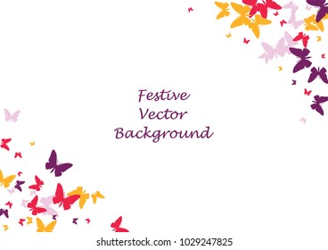 Festive butterfly confetti background. Frame vector pattern texture for holiday, postcard, poster, carnival, banner, birthday and children's parties. Butterfly cover mock-up. Wedding butterfly layout