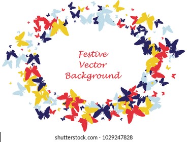 Festive butterfly confetti background. Frame vector pattern texture for holiday, postcard, poster, carnival, banner, birthday and children's parties. Butterfly cover mock-up. Wedding butterfly layout