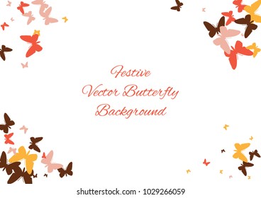 Festive butterfly confetti background. Frame vector pattern texture for holiday, postcard, poster, carnival, banner, birthday and children's parties. Butterfly cover mock-up. Wedding butterfly layout