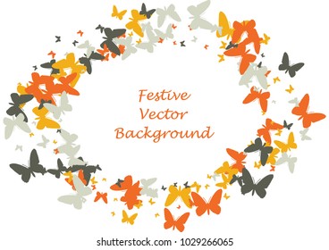 Festive butterfly confetti background. Frame vector pattern texture for holiday, postcard, poster, carnival, banner, birthday and children's parties. Butterfly cover mock-up. Wedding butterfly layout