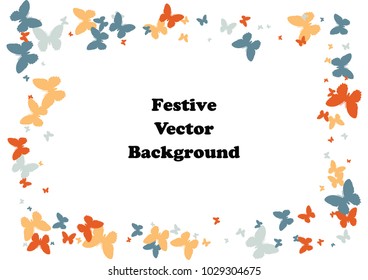 Festive butterfly confetti background. Frame vector pattern texture for holiday, postcard, poster, carnival, banner, birthday and children's parties. Butterfly cover mock-up. Wedding butterfly layout