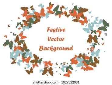 Festive butterfly confetti background. Frame vector pattern texture for holiday, postcard, poster, carnival, banner, birthday and children's parties. Butterfly cover mock-up. Wedding butterfly layout