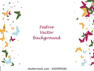 Festive butterfly confetti background. Frame vector pattern texture for holiday, postcard, poster, carnival, banner, birthday and children's parties. Butterfly cover mock-up. Wedding butterfly layout