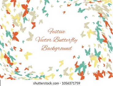 Festive butterfly confetti background. Frame vector pattern texture for holiday, postcard, poster, carnival, banner, birthday and children's parties. Butterfly cover mock-up. Wedding butterfly layout