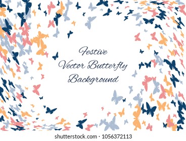 Festive butterfly confetti background. Frame vector pattern texture for holiday, postcard, poster, carnival, banner, birthday and children's parties. Butterfly cover mock-up. Wedding butterfly layout