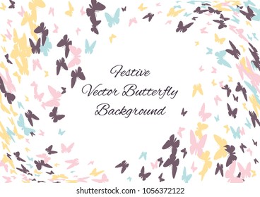 Festive butterfly confetti background. Frame vector pattern texture for holiday, postcard, poster, carnival, banner, birthday and children's parties. Butterfly cover mock-up. Wedding butterfly layout