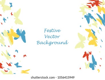 Festive butterfly confetti background. Frame vector pattern texture for holiday, postcard, poster, carnival, banner, birthday and children's parties. Butterfly cover mock-up. Wedding butterfly layout