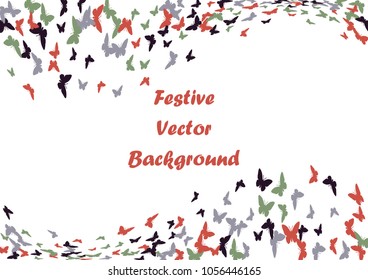 Festive butterfly confetti background. Frame vector pattern texture for holiday, postcard, poster, carnival, banner, birthday and children's parties. Butterfly cover mock-up. Wedding butterfly layout