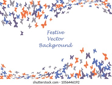 Festive butterfly confetti background. Frame vector pattern texture for holiday, postcard, poster, carnival, banner, birthday and children's parties. Butterfly cover mock-up. Wedding butterfly layout