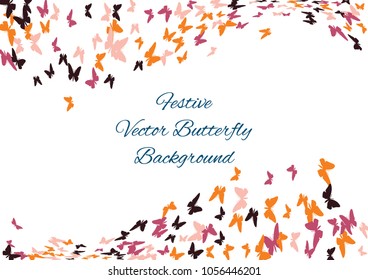 Festive butterfly confetti background. Frame vector pattern texture for holiday, postcard, poster, carnival, banner, birthday and children's parties. Butterfly cover mock-up. Wedding butterfly layout