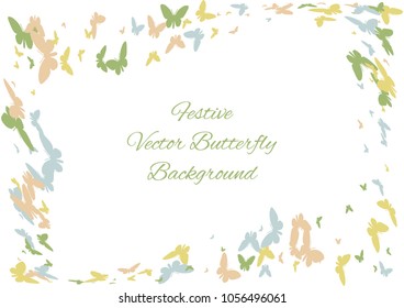 Festive butterfly confetti background. Frame vector pattern texture for holiday, postcard, poster, carnival, banner, birthday and children's parties. Butterfly cover mock-up. Wedding butterfly layout