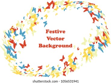Festive butterfly confetti background. Frame vector pattern texture for holiday, postcard, poster, carnival, banner, birthday and children's parties. Butterfly cover mock-up. Wedding butterfly layout