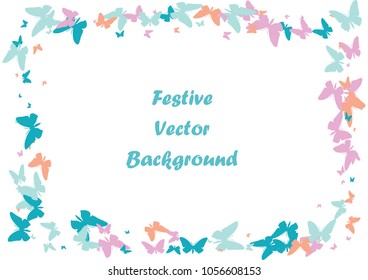 Festive butterfly confetti background. Frame vector pattern texture for holiday, postcard, poster, carnival, banner, birthday and children's parties. Butterfly cover mock-up. Wedding butterfly layout