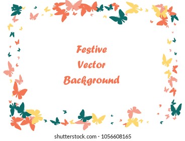 Festive butterfly confetti background. Frame vector pattern texture for holiday, postcard, poster, carnival, banner, birthday and children's parties. Butterfly cover mock-up. Wedding butterfly layout