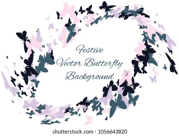 Festive butterfly confetti background. Frame vector pattern texture for holiday, postcard, poster, carnival, banner, birthday and children's parties. Butterfly cover mock-up. Wedding butterfly layout