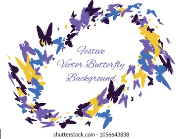 Festive butterfly confetti background. Frame vector pattern texture for holiday, postcard, poster, carnival, banner, birthday and children's parties. Butterfly cover mock-up. Wedding butterfly layout