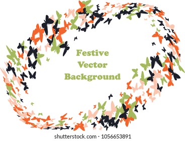 Festive butterfly confetti background. Frame vector pattern texture for holiday, postcard, poster, carnival, banner, birthday and children's parties. Butterfly cover mock-up. Wedding butterfly layout