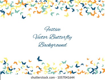 Festive butterfly confetti background. Frame vector pattern texture for holiday, postcard, poster, carnival, banner, birthday and children's parties. Butterfly cover mock-up. Wedding butterfly layout